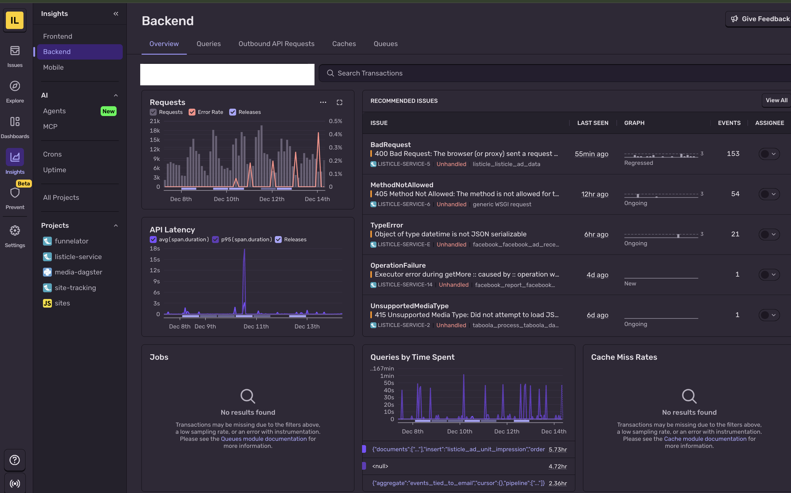 Backend performance summary showing throughput and latency